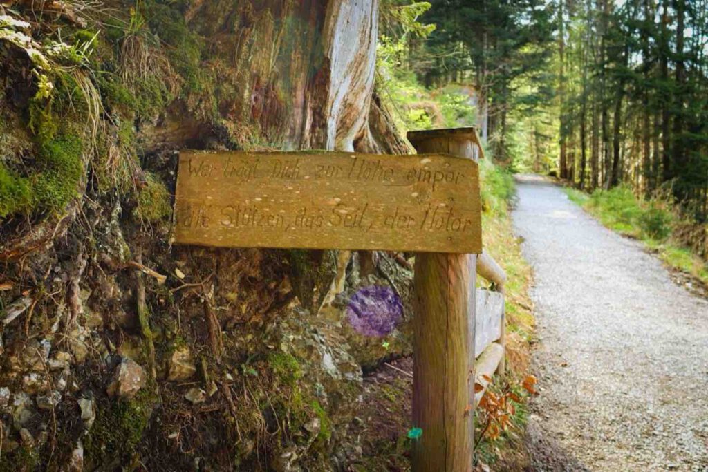Holzschild mit Wegweiser entlang des Dien-Mut-Wegs am Achensee