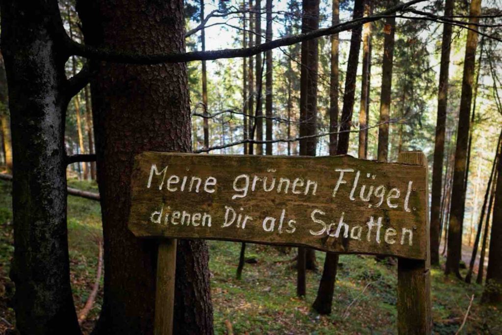 Holzschild mit Spruch „Meine grünen Flügel dienen dir als Schatten“ am Besinnungsweg
