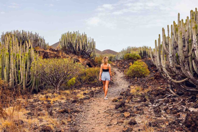 Wanderin Christin Großheim auf dem Weg durch die Vulkanlandschaft im Malpaís de Güímar auf Teneriffa