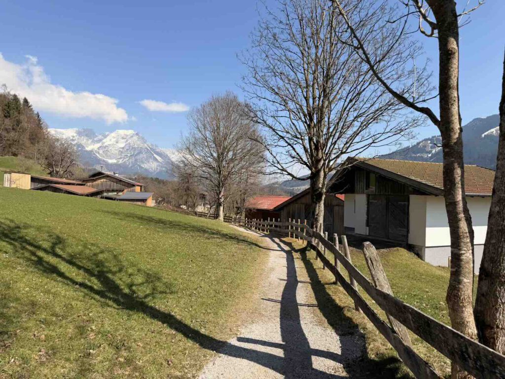 Ländlicher Weg bei Söll mit Blick auf die Berge