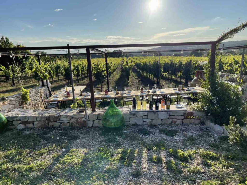 Puglia dei Trulli, weinverkostung in martina franca weinberg lange tafel sonnenuntergang