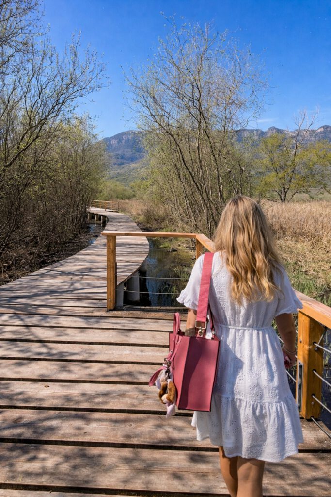 Christin Großheim auf Holzsteg durch Schilf Kalterer See Wanderung